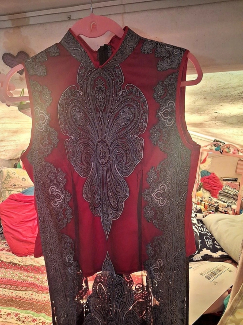 Paisley Lace Maxi Dress in Red & Black Size Large Sue Wongp